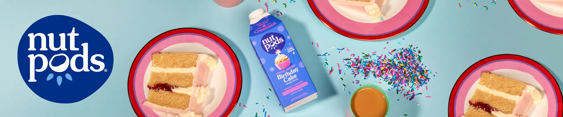 nutpods logo next to coffee creamer package surrounded by birthday cake slices.