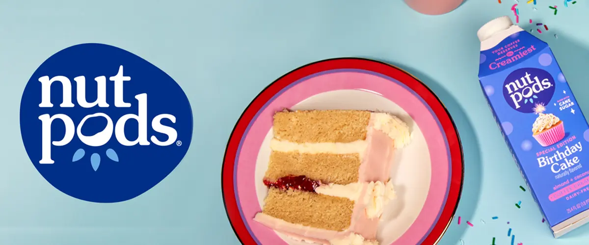 nutpods logo next to coffee creamer package surrounded by birthday cake slices.